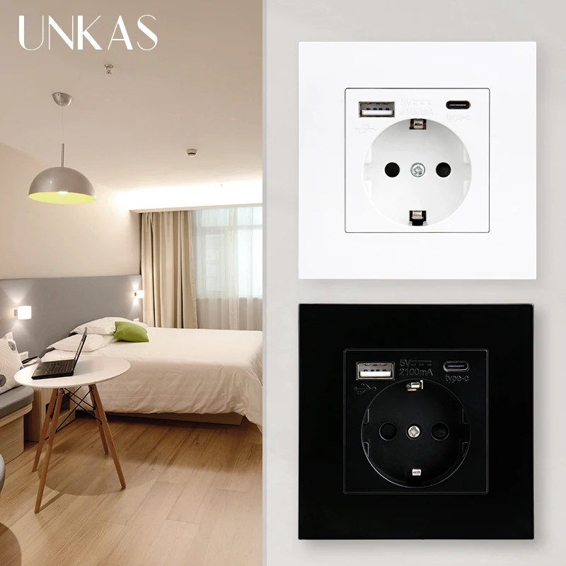 UNKAS Gold Type-C USB Port White  EU Socket Gray Plastic 16A 146mm*86mm 344mm Outlet Black Grey PC Panel 258mm