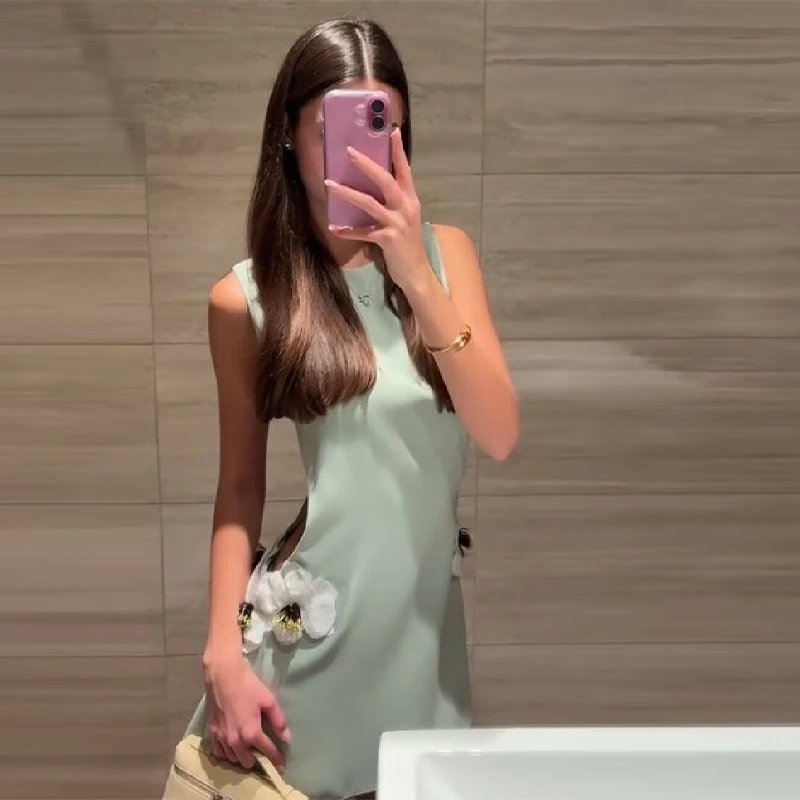Women\'s Elegant 3d Flower Sleeveless Mini Dress Lady Light Green Vacation Party Dresses Stylish Female New Trend Summer Clothes