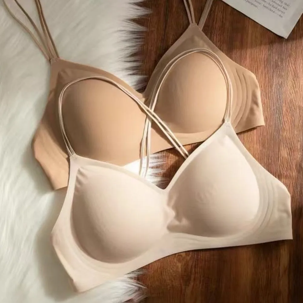Ultra-thin Shoulder Strap Ice Silk Wireless V Bra Lingerie Seamless Brassiere for Women Shockproof Gathered Breasts