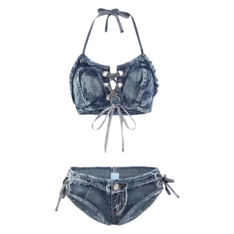 Maillot de bain bikini en jean sexy Pure Desire pour femme, blanc, sans bretelles, amincissant, pour petites poitrines, à nouer, séparé, pour les vacances d'été