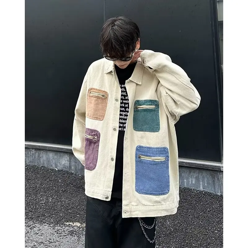 Street Fashion Mens Denim Jacket New 2024 Color Blocked Zipper Multi Pocket Cowboy Coats Trendy Casual Lapel Tooling Outwear