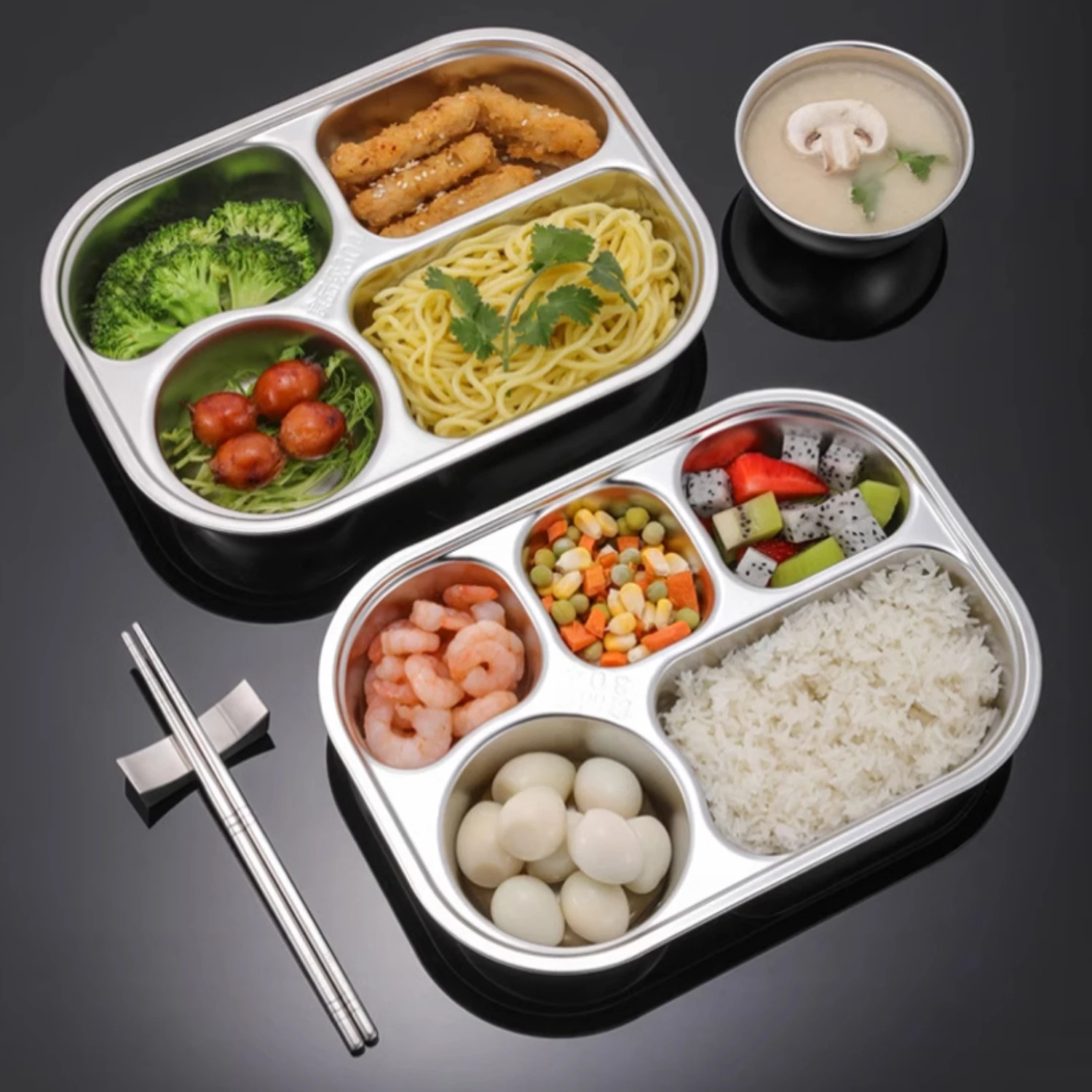 Stainless Steel Dinner Plate - 4/5 Compartments, Oval Shape, Perfect For Students & Adults, Cafeteria-Style, Dishwasher Safe