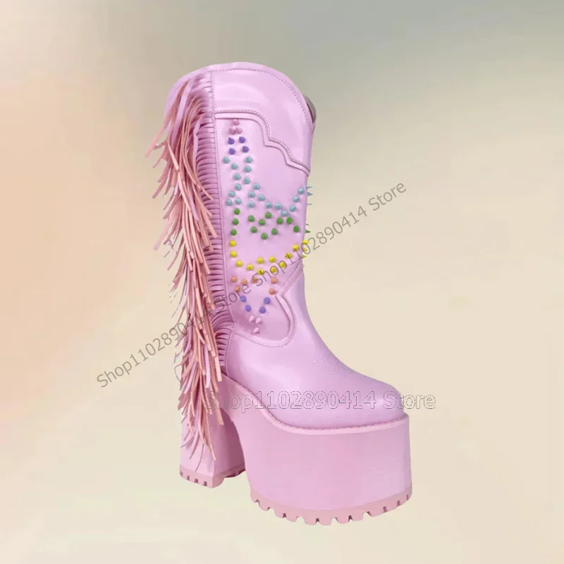 

Colorful Rivets Pink Tassels Decor Platform Boots Back Zipper Women Shoes Chunky High Heels New Fashion 2023 Zapatos Para Mujere