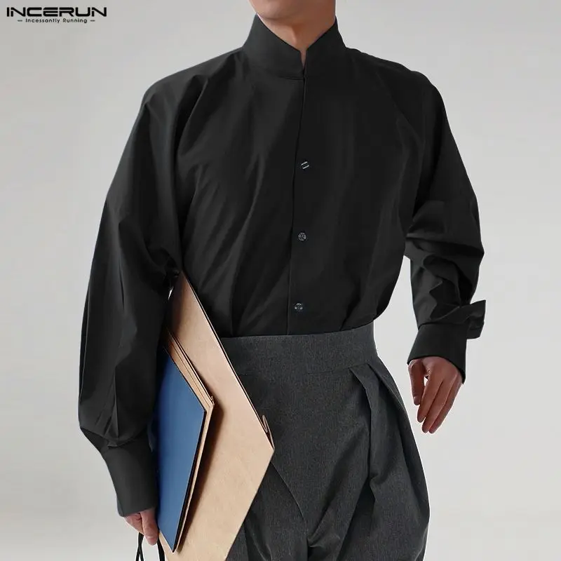

INCERUN Мужская рубашка, однотонная рубашка с воротником-стойкой и длинными рукавами на пуговицах, мужская одежда, уличная одежда, свободные модные повседневные топы в корейском стиле