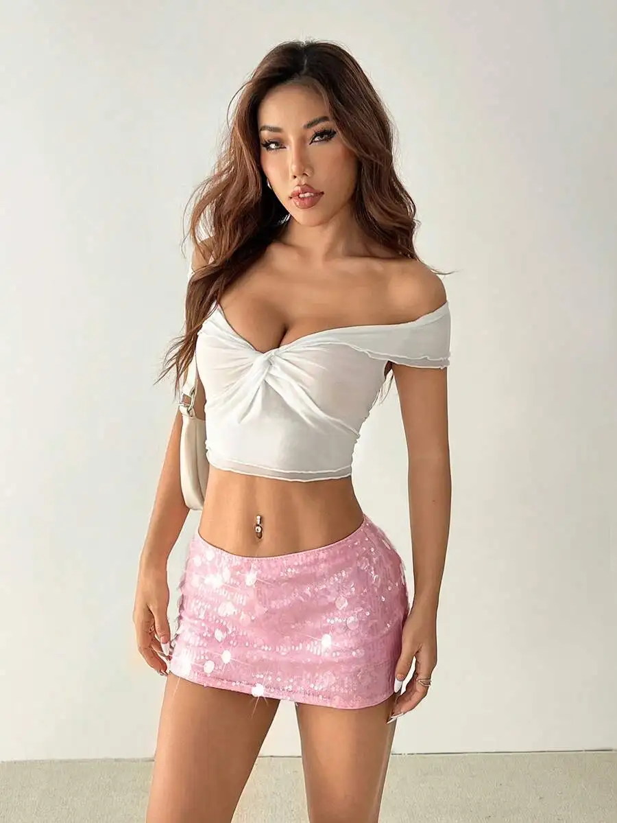

Shiny Pink Sequin Low Waist Mini Shorts For Women Festival Street Wear