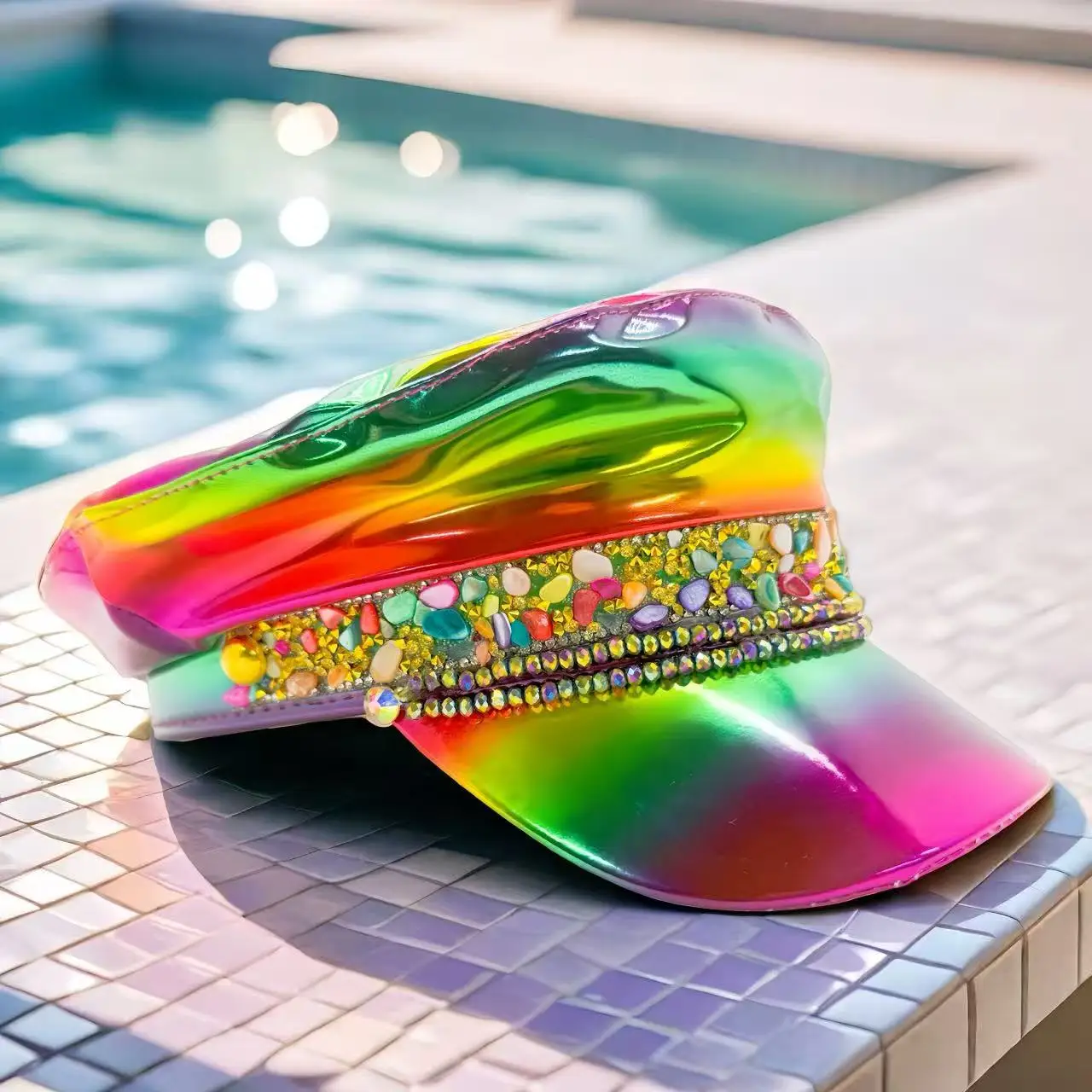 HongLuan  Laser Leather Captain Hat Rhinestone & Military Caps for Woman, Rave Festivals Accessories ＆ Party Cap Man Cosplay Fem