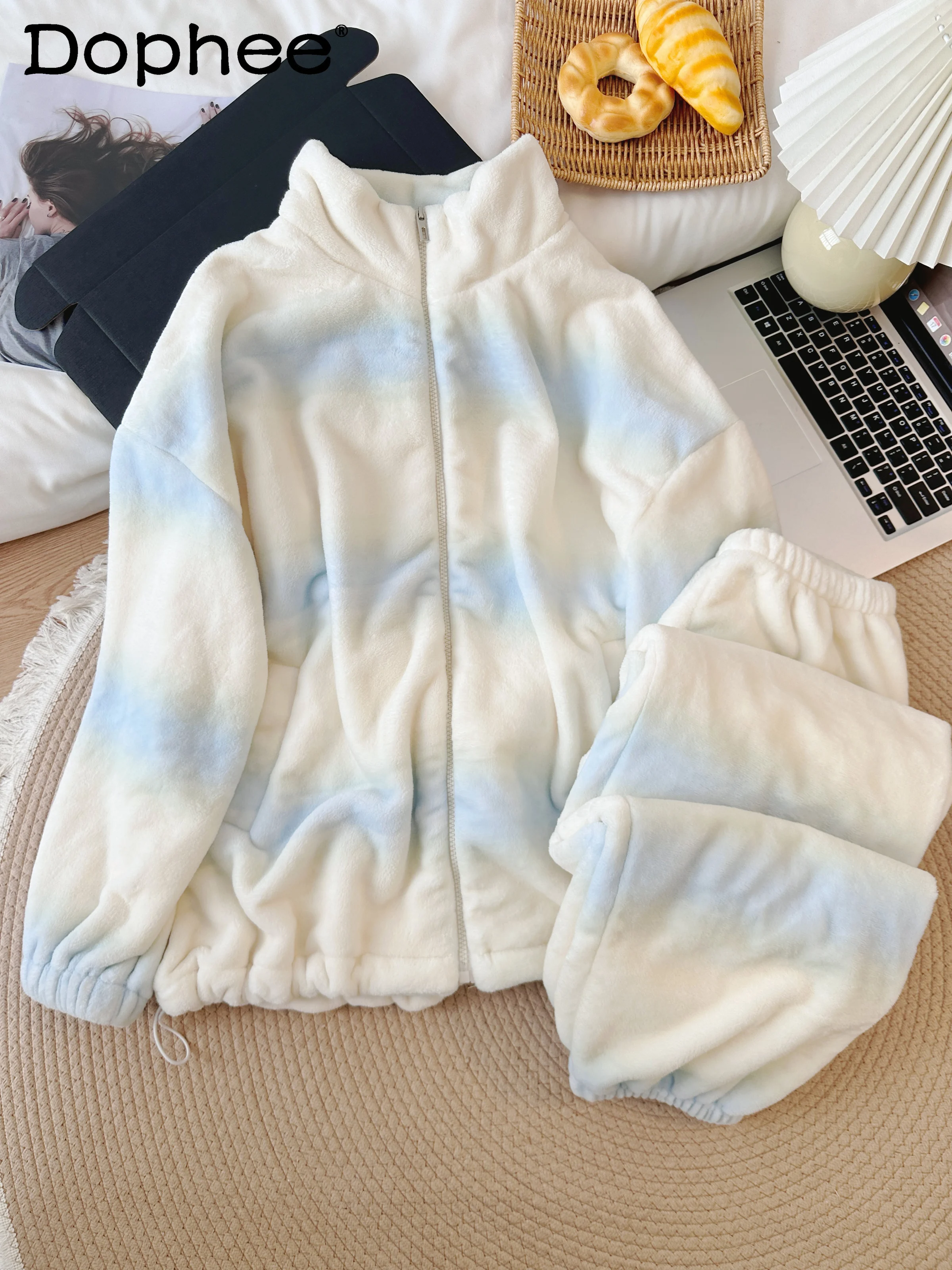 

2025 Winter Warm Thickened Coral Fleece Pajamas for Women Sweet Wearable Striped Homewear Long Sleeve Two-Piece Set