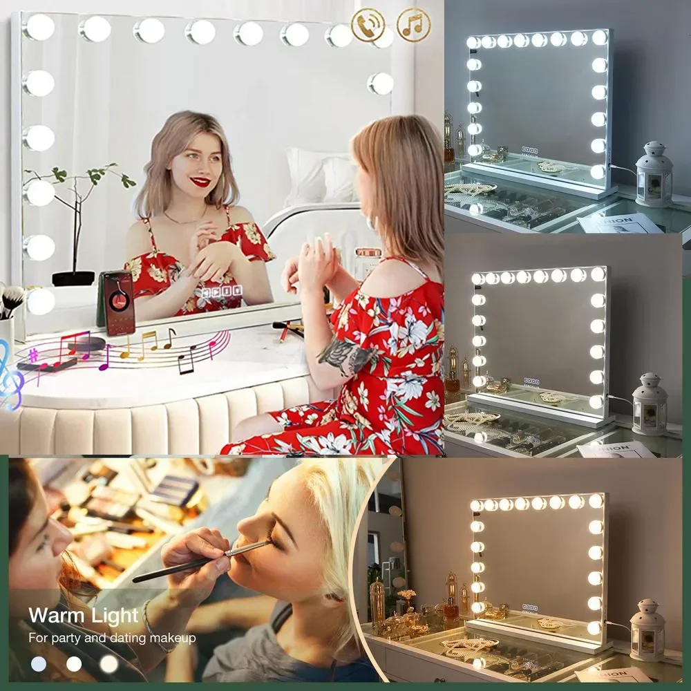 Hollywood Music Bluetooth Touch Screen Makeup Vanity Mirror With Lights Large Lighted Vanity Mirror Tabletop USB Charging Port