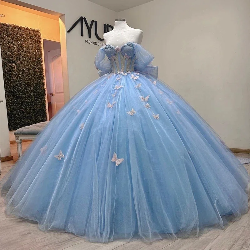 Requintado céu azul princesa quinceanera vestidos com arco borboleta apliques rendas espartilho doce 16 vestido de 15 anos