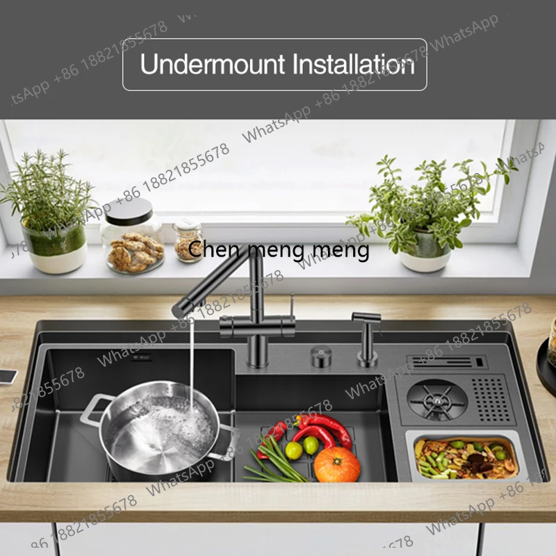 Nanometer Cup Rinser kitchen Sink Large Size 304 Stainless Steel 220mm Depth 4mm Thickness Handmade kitchen Sinks With Trash Can