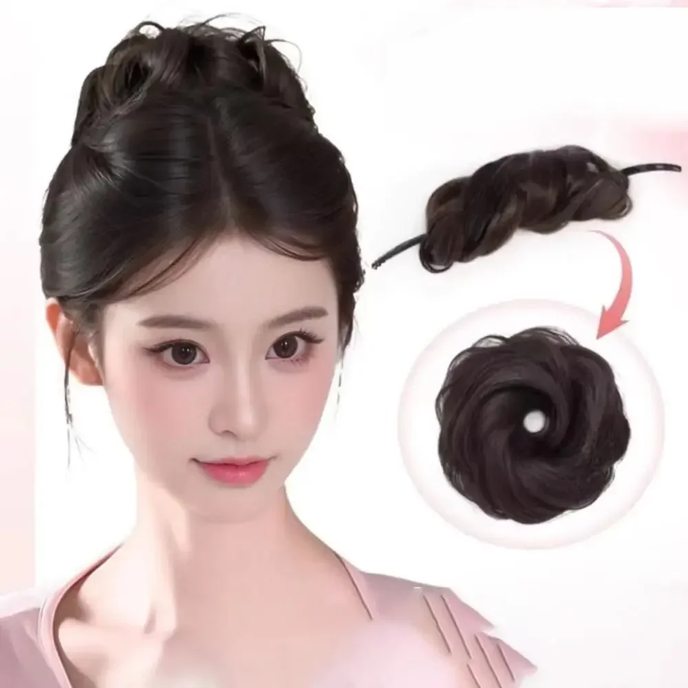 Parrucca sintetica con panino arrotolato, bastoncino per capelli da donna, capelli a spirale, boccioli di fiori, testa di fiori per aumentare il volume