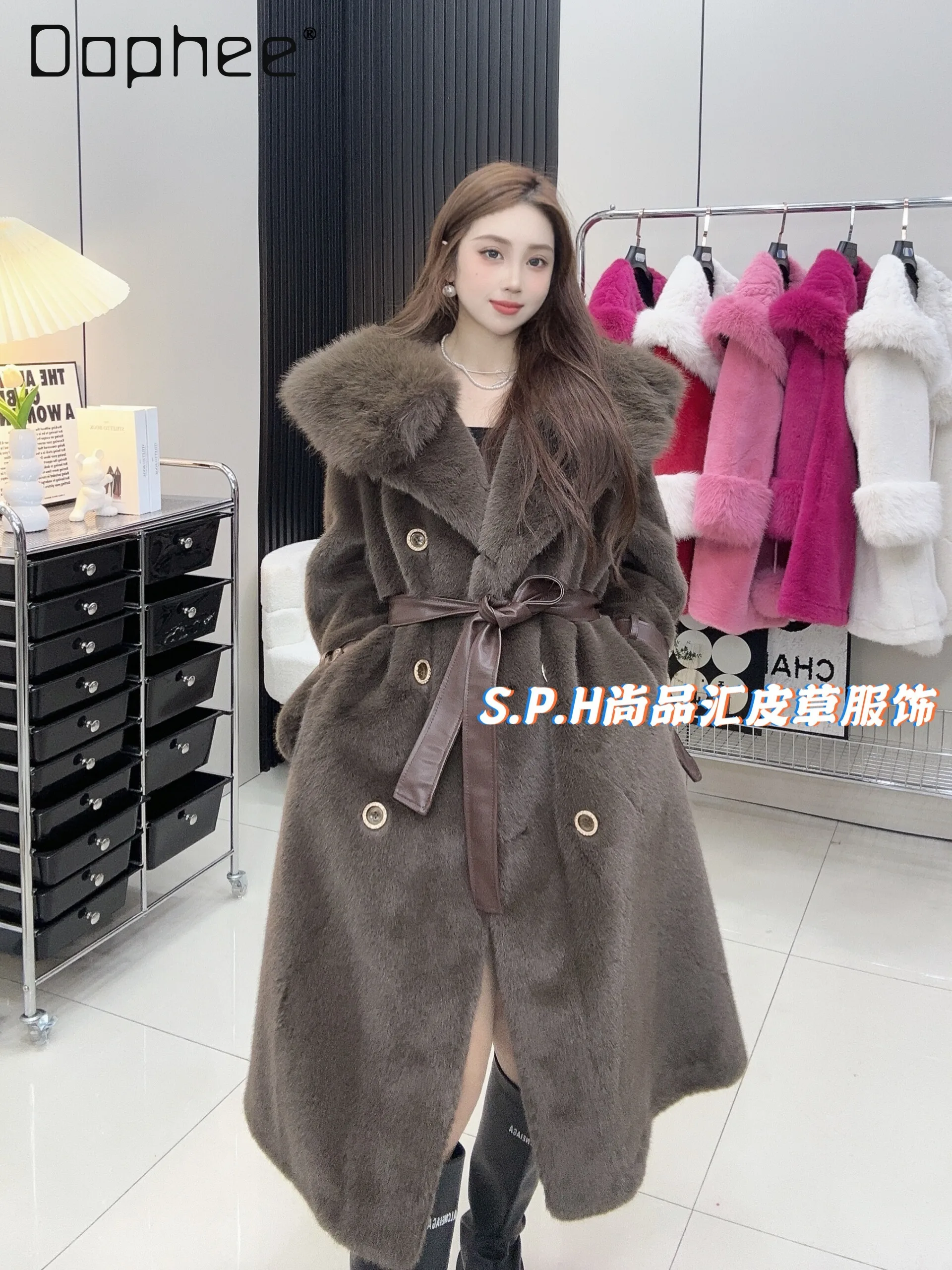 

High-end Elegant Lady Winter Faux Fur Coat 2024 New Expensive Long Fluffy Coat Women Fur Collar Double Breasted Sweet Pink Coats