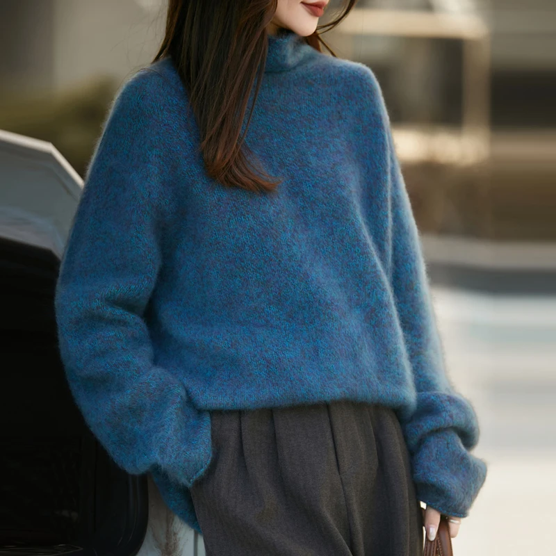 

Women's Stacked Neckline Wool Sweater Pullover Autumn Winter Long Sleeve Loose Large Size Thicken 100% Merino Wool Knitwear Top