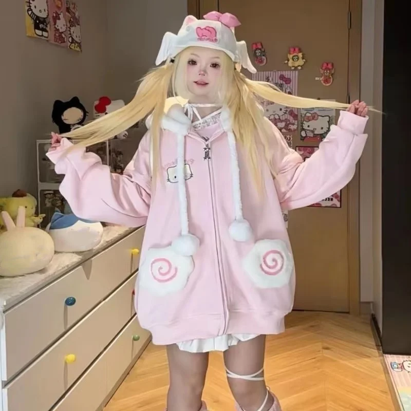 

Hooded Embroidery Japanese Harajuku Coat Kawaii Cartoon Y2k Plush Jacket Cute Cat Ear Sweet Girls Cardigan Women Thick Outerwear