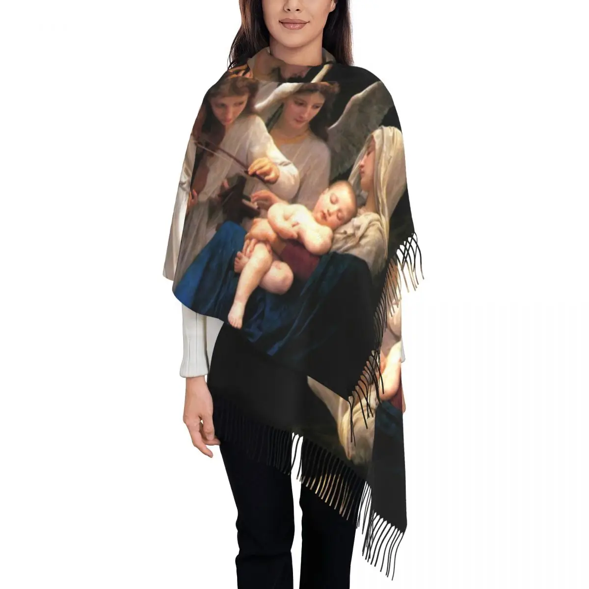 Female Long Our Lady Song Of Angels Virgin Mary Scarves Winter Soft Warm Tassel Shawl Wraps Jesus Music Catholic Saint Scarf