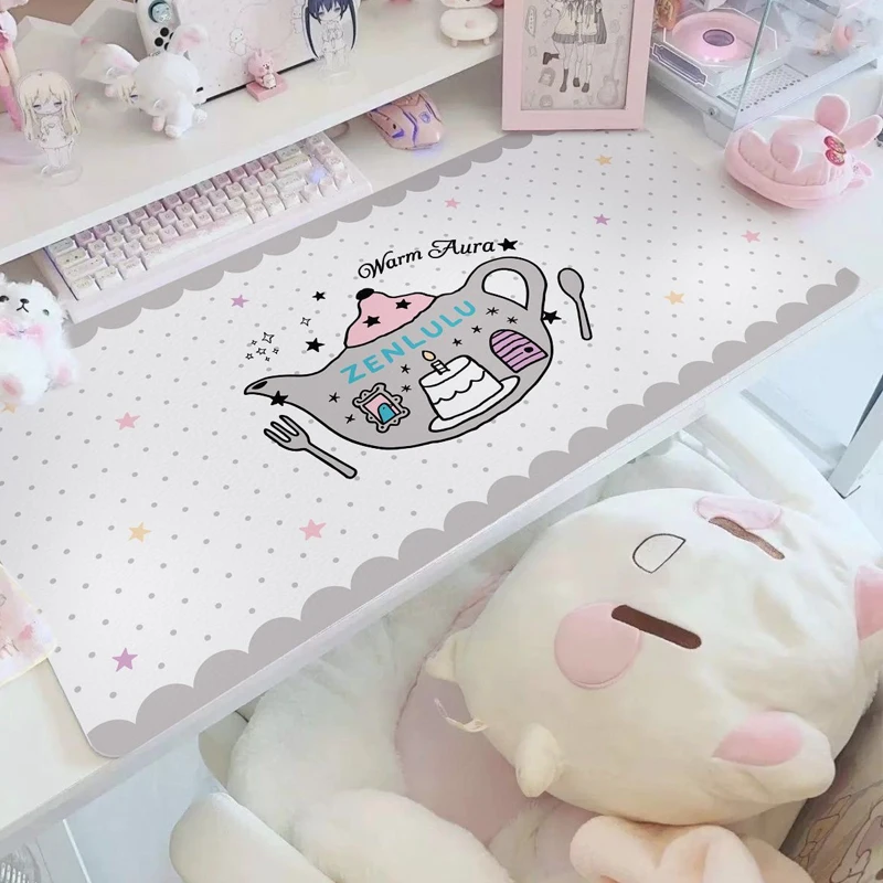 Leather Desk Pad Protector Polka Dot Lace Stripe Dessert Puppy Mouse Pad Office Desk Mat Waterproof Non-Slip PU Desk Blotter Pad