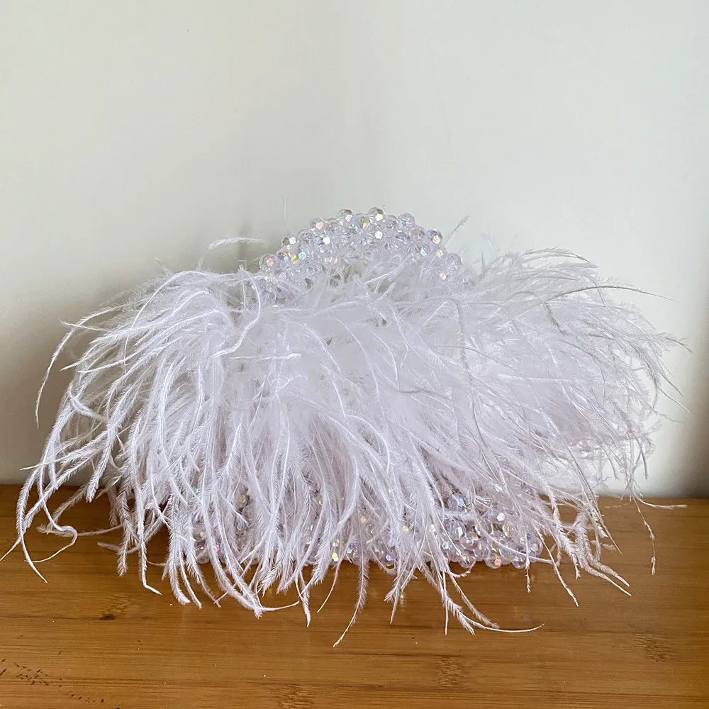 Parel kralen tas met veren bont Designer merk helder acryl kristal stenen doos Tote handtas vrouwen handgemaakte feesttas
