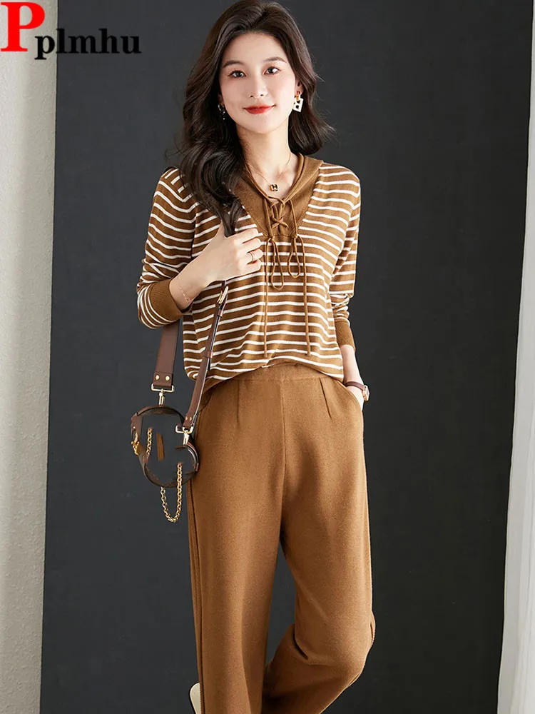 

Women Casual Knitted 2 Piece Sets Korean Striped Hooded Knit Sweater Pullover Tops Outfit High Waist Wide Leg Pants Conjuntos