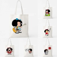 Mafalda Kawaii de dibujos animados para chica bolso de compras blanco de lona reutilizable grande de hombro escolar 90s