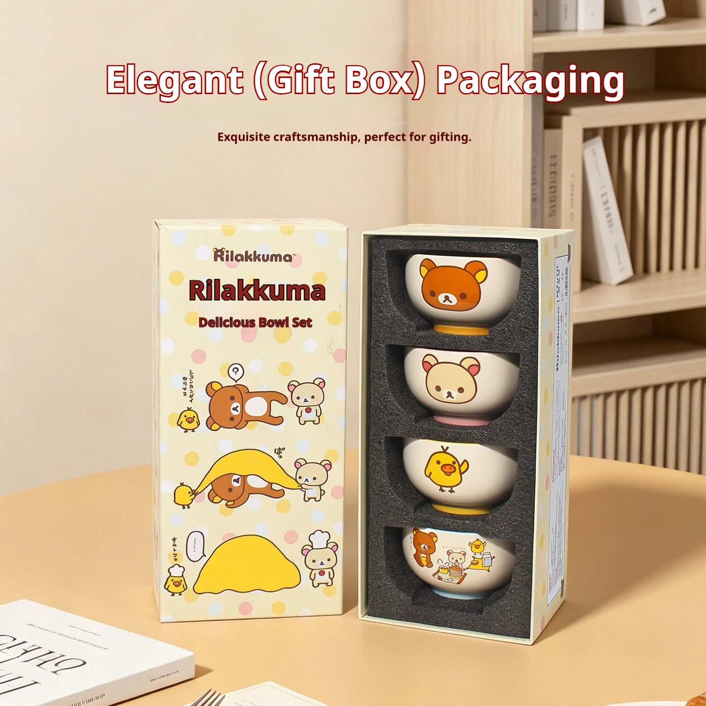 Cute Rilakkuma Anime Ceramic Bowl 4 Pack Cute Printed High Temperature Resistant Home Bowl Gift Box Set For Daily Dining Gifting