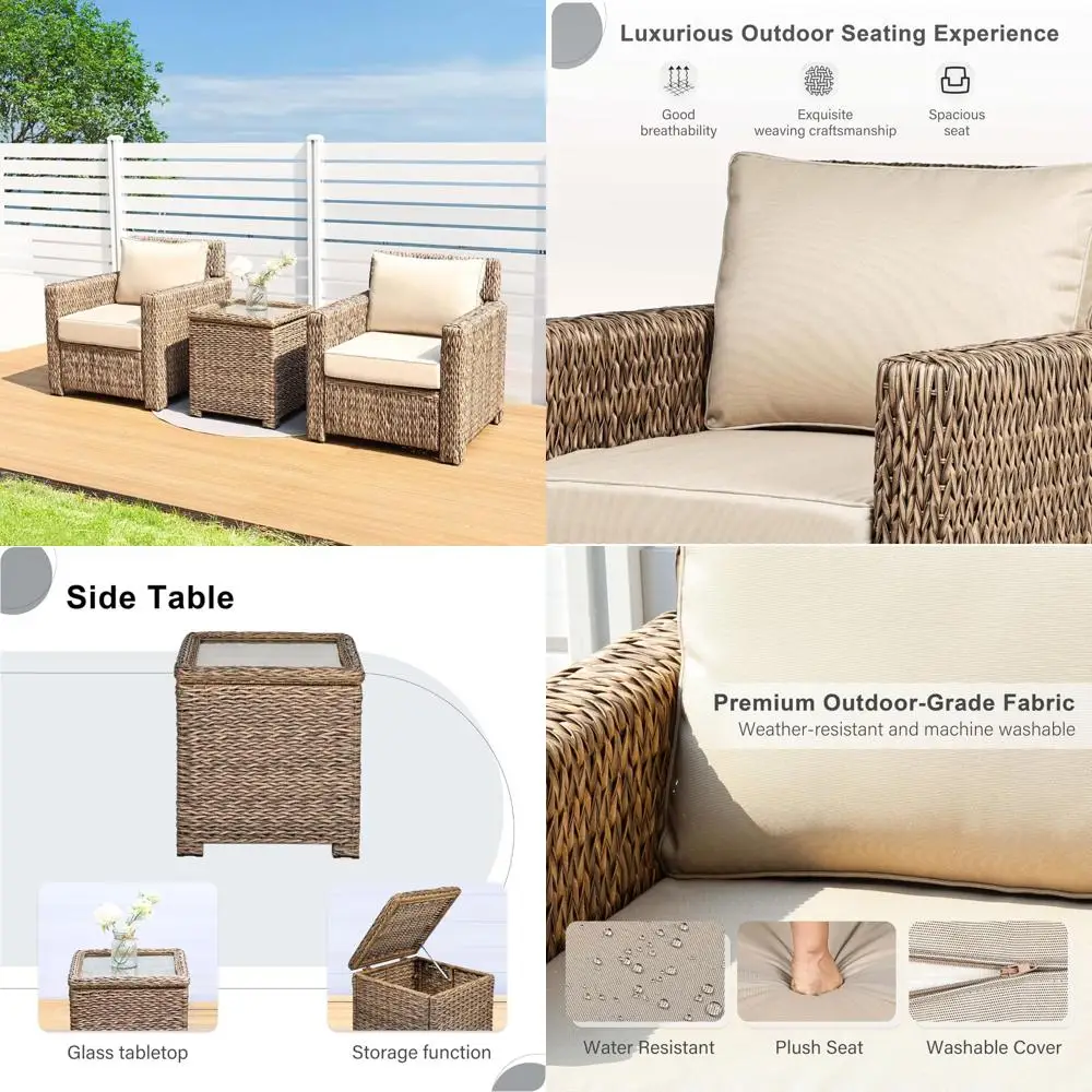 3-Piece Outdoor Wicker Bistro Set with 2 Rattan Lounge Chairs and Tempered Glass Side Table Storage