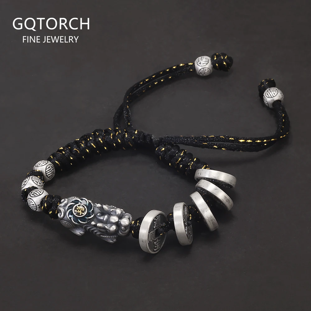 

999 чистого серебра ретро Pixiu подвески плетеный браслет из веревки пять императоров монета фэншуй деньги удача богатство счастливые ювелирные изделия подарок