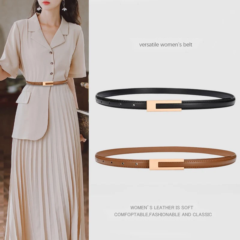 Simple Women Genuine Leather Belt Vintage Female Thin Waistband Gold Metal Buckle Dress Coat Jeans Decor Waist belts