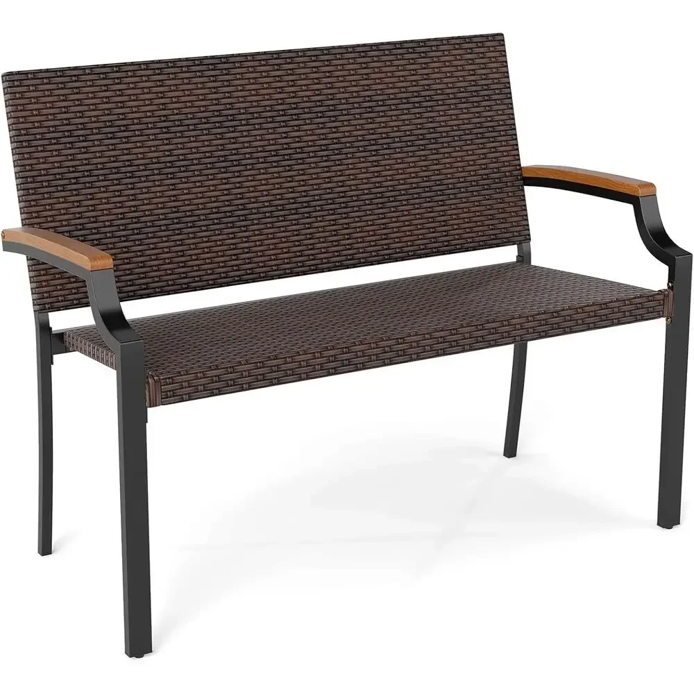 Stackable 2-Person Wicker Loveseat Bench with Wooden Armrests for Outdoor, Garden, Balcony, Porch (Mix Brown)