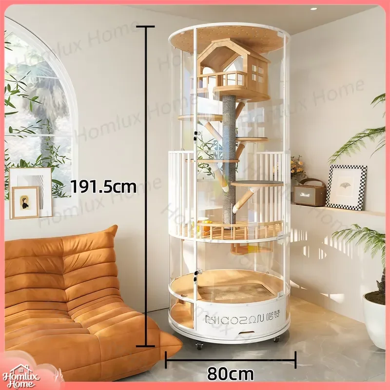 Modern Luxury Panoramic Transparent Glass Rotating Cylindrical Cat Villa Wooden Indoor Cage with Integrated Litter Box Pet