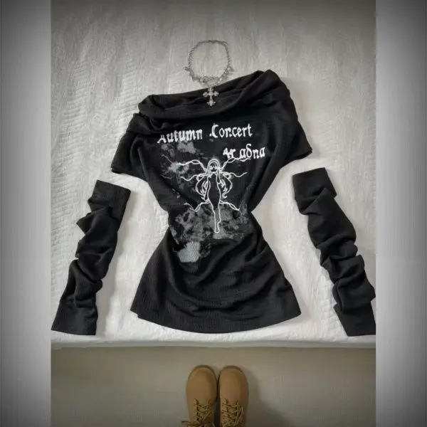 Neploe Fairycore With Arm Sleeves Skew Collar T-shirt Punk Style Y2k Goth Lace Up Slim Ropa Mujer Print Spice Girls Moda Shirts