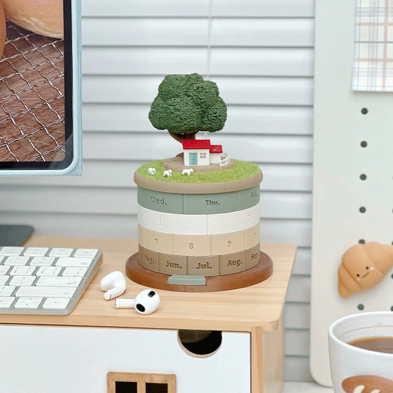 Cute Mini Desktop Organizer Rotatable Perpetual Calendar Ornament Cleaning Stick Storage Music Box Home Decor Birthday Gifts