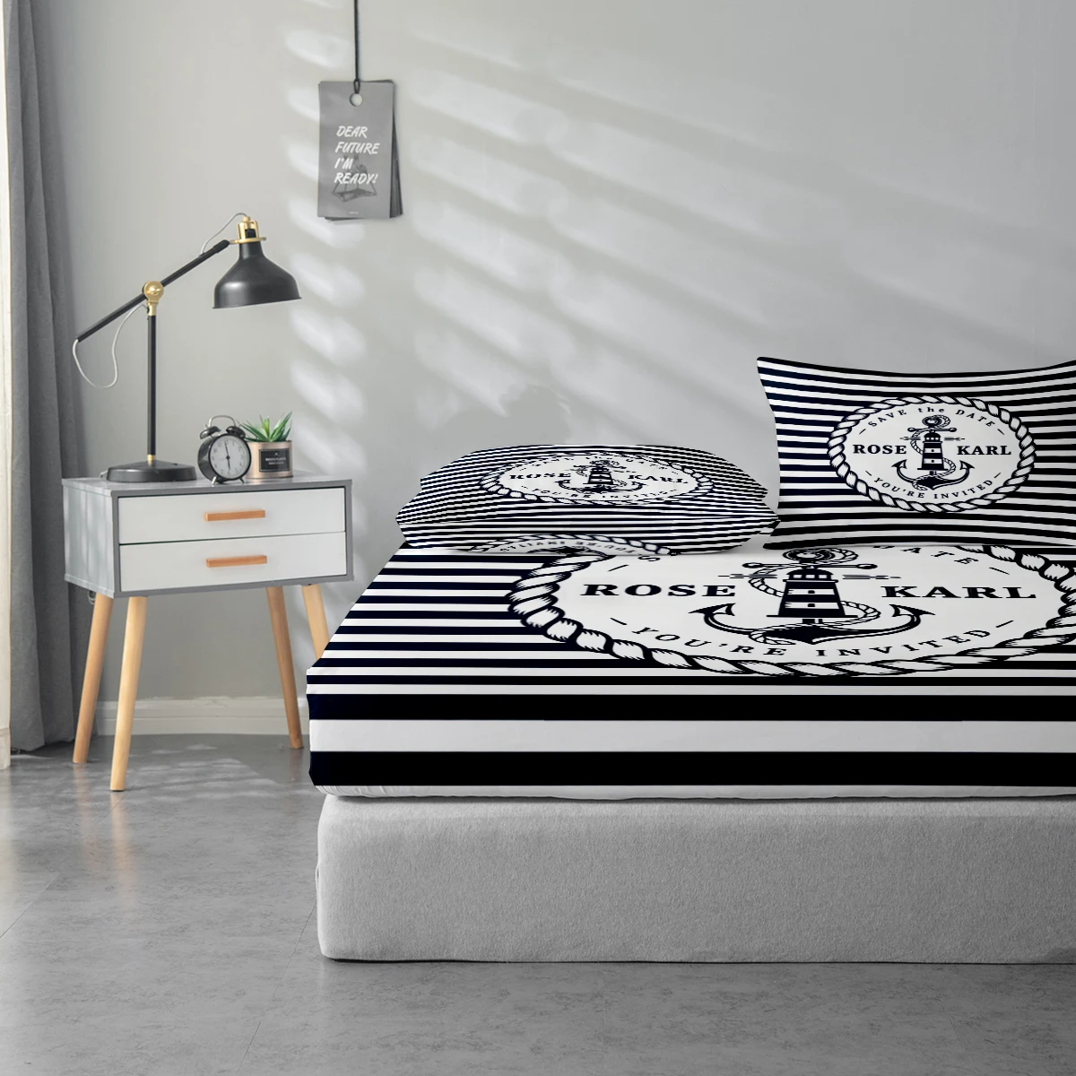 Bed Sheet Set with Nautical Symbol Prints, Mattress Protector and Pillowcase Combination. High-Definition Printed Bed Sheet Set Includes 1 Fitted Sheet + 1 or 2 Pillowcases (60*100cm and 72*132cm Are 1 Pillowcase Each, the Rest of the Sizes Are 2 Pillowcases Each). Suitable for Bedroom and Guest Room, Ultra-Soft Polyester Bedding, Machine Washable, Can Be Used in All Seasons