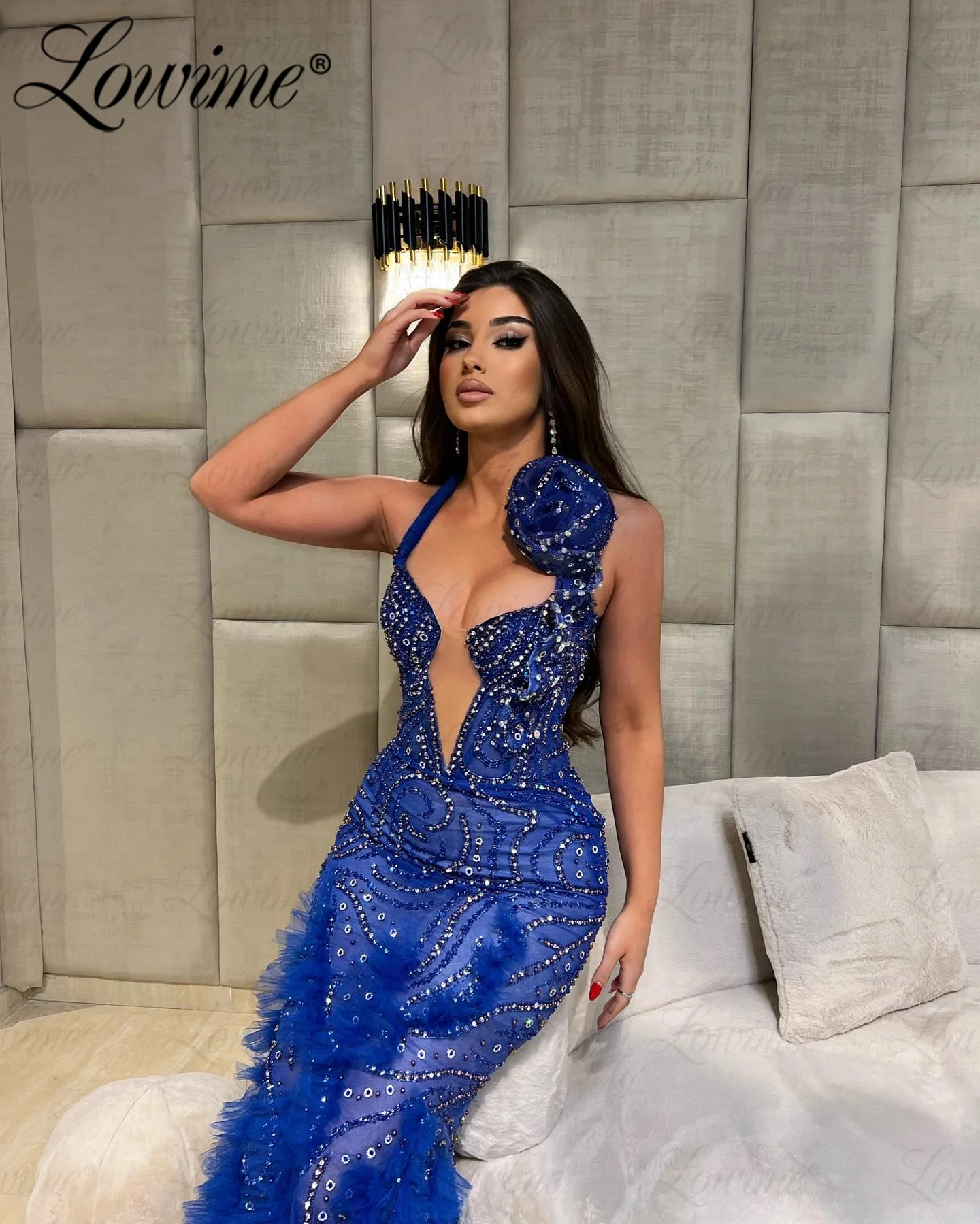 Vestidos de graduación azules con cuentas de sirena, vestidos largos de celebridades Aso Ebi para novia, vestidos de noche de compromiso para fiesta de boda 2024