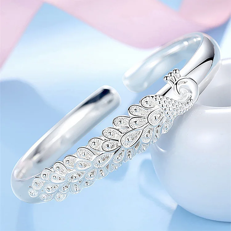 Pulsera de plata de ley 925 para mujer, brazalete elegante con apertura de pavo real, accesorios de boda, regalo de joyería