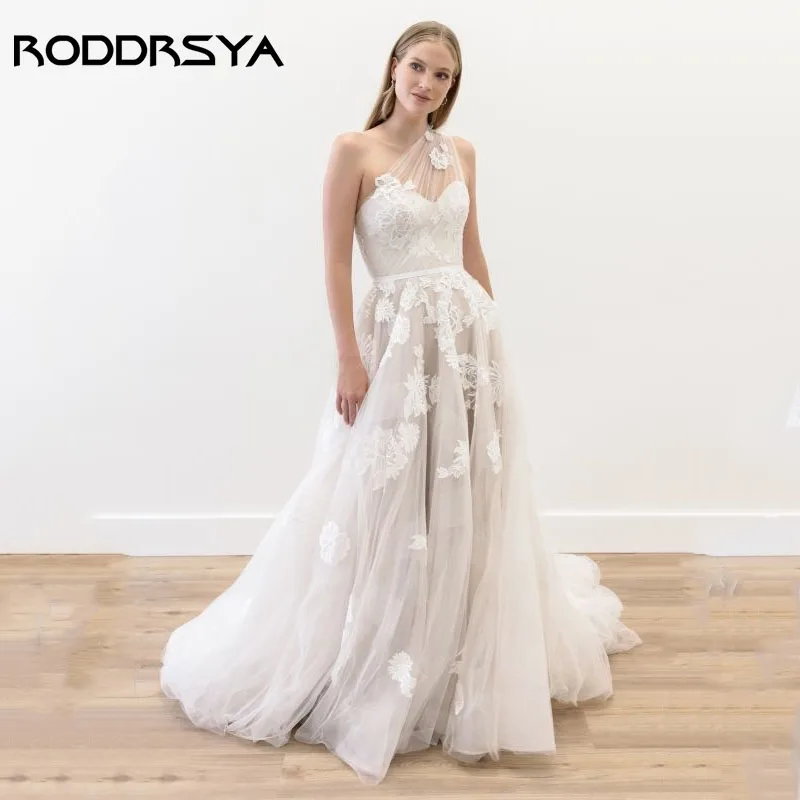 RODDRSYA ภาพลวงตาหนึ่งไหล่ชุดแต่งงาน Tulle Appliques จีบชุดเจ้าสาวซิปด้านหลัง Vestido de Novia ปรับแต่ง