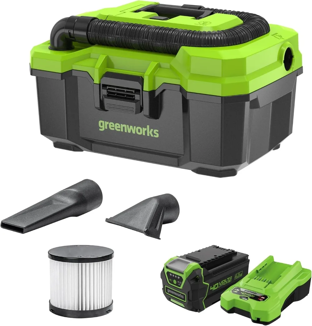 

Greenworks 40V Brushless 3 Gallon Cordless Wet/Dry Shop Vacuum with Hose, Crevice Tool, Floor Nozzle, 4.0Ah Battery