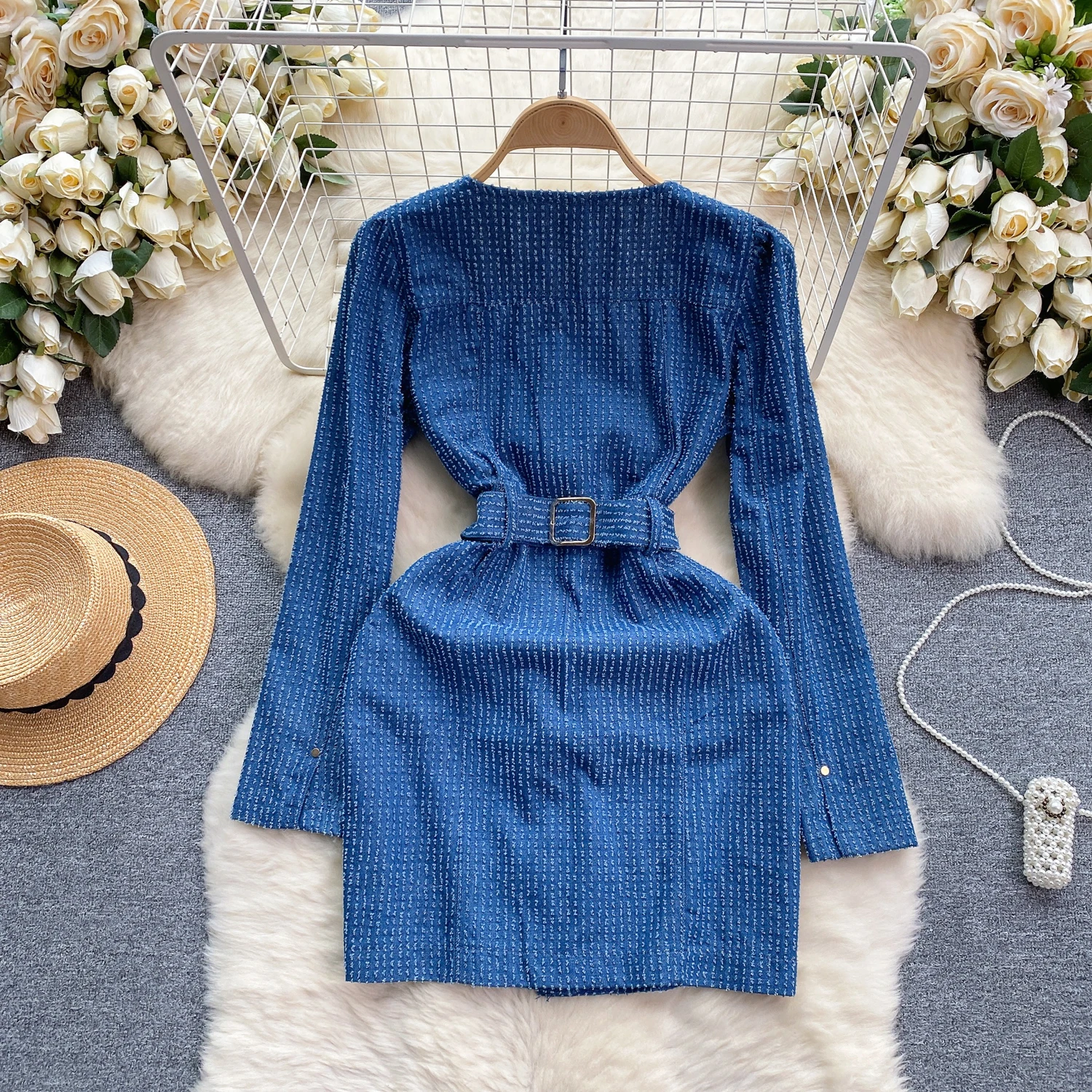 Women Designer Denim Vestidos Big Pocket Single Breasted Square Collar Belt Slim Short Temperament Pack Hip Denim Mini Dress