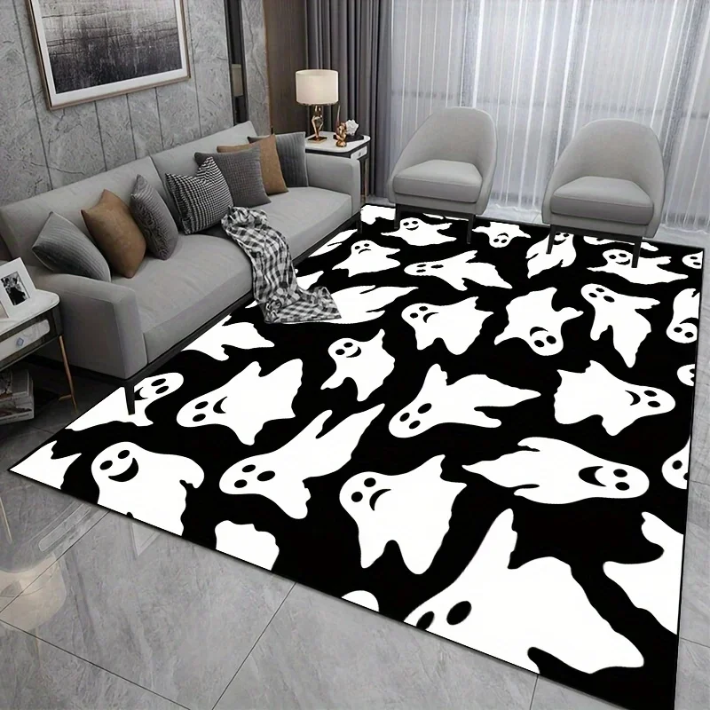 

Halloween Ghost Pattern Area Rug Non-Slip Machine Mat for Indoor Living Room Retro Bedroom Durable Rectangle Carpet Decorate