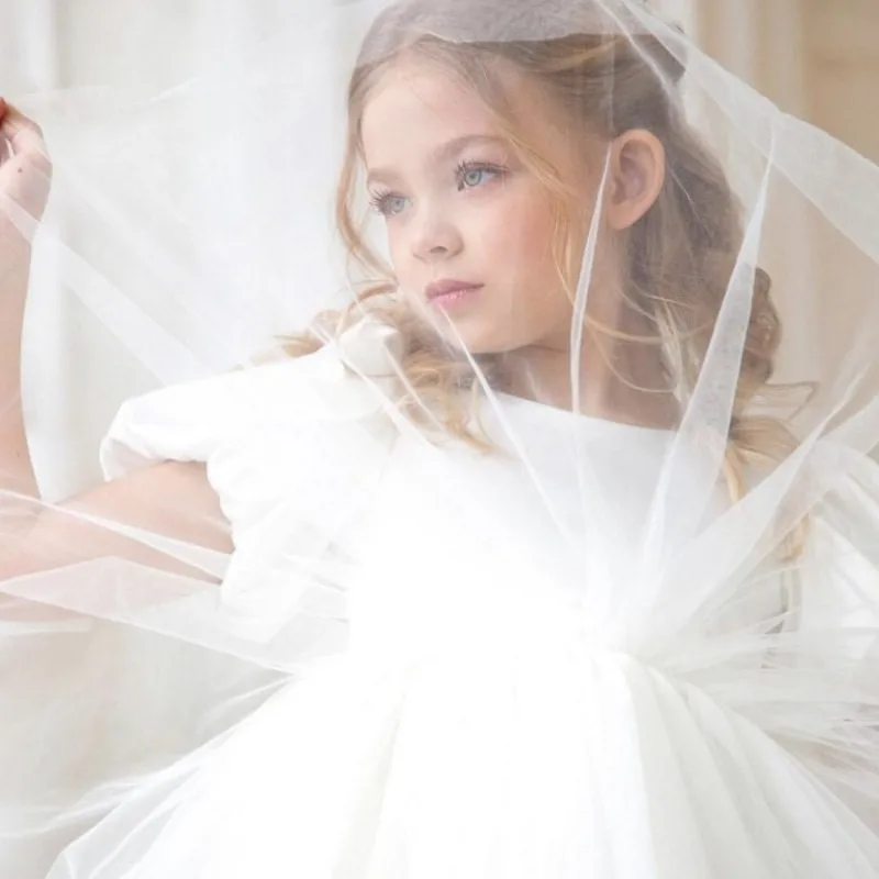 Fashion Girl Princess Vintage Silk Dress Puff Sleeve Child Tulle Vestido Wedding Party Birthday Tutu Dress Child Clothes 1-12Y view 4