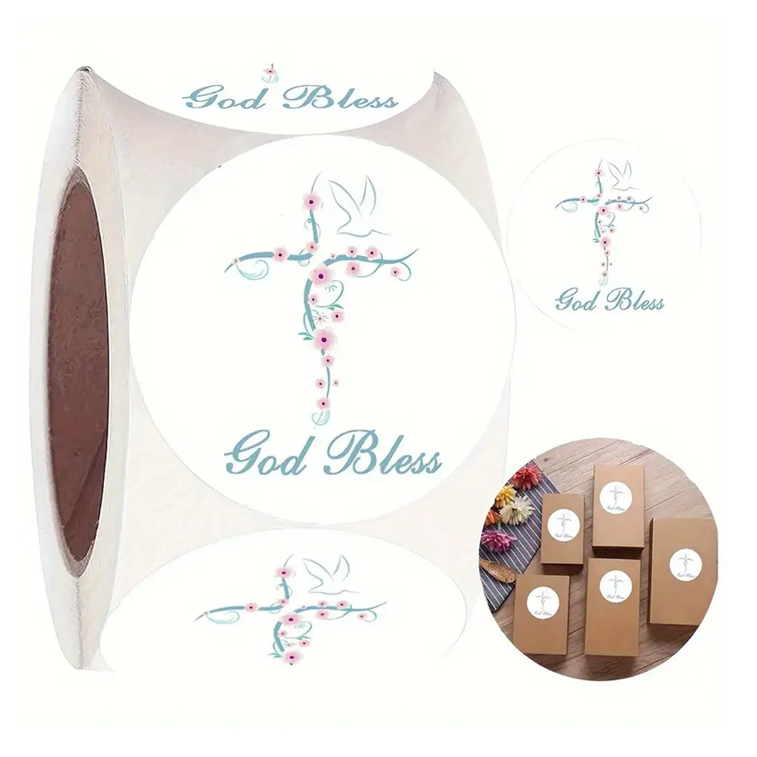 500-Pack, 2-Inch 'God Bless' Floral Cross Stickers - Paper Adhesive Labels