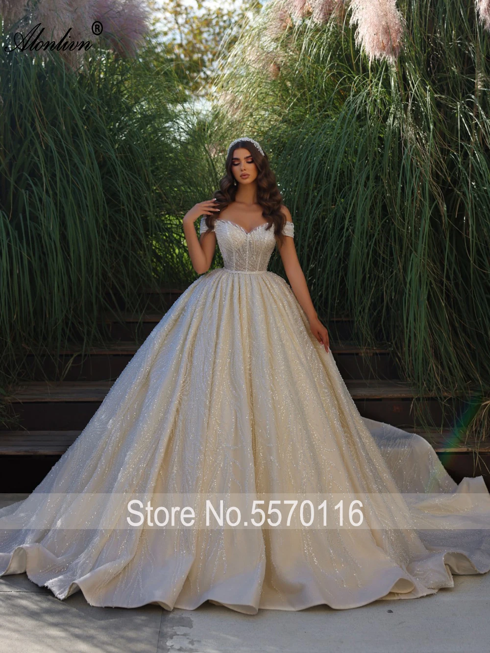 Alonlivn Custom Made Graceful Off Shoulder Sleeves Ball Gown Wedding Dresses Beading Pearls Appliques Lace Princess Bridal Gowns