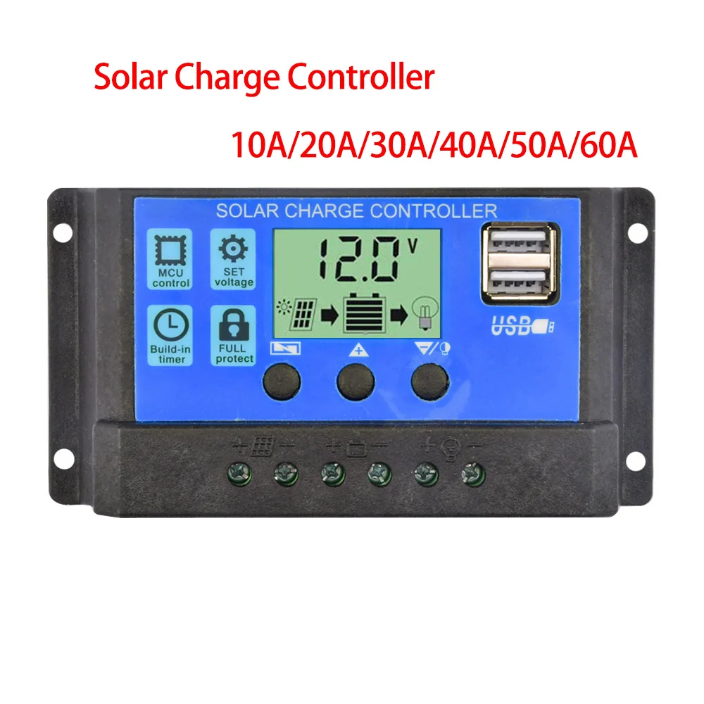 Solarladeregler 12V 24V PWM 10A 20A 30A 40A 50A 60A mit einstellbarem LCD-Display Dual-USB-Port-Timer-Einstellung Auto Parame