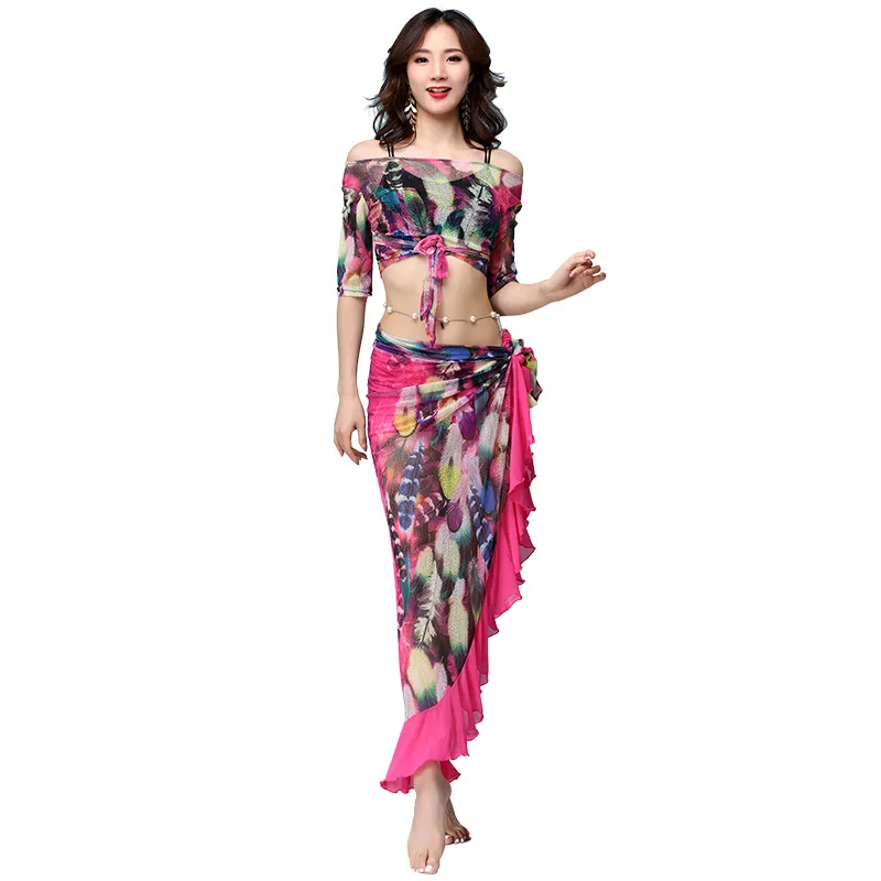 Fashion belly dance costume summer practice clothes 2021 new print bandage top long skirt set suit oriental dance suit women