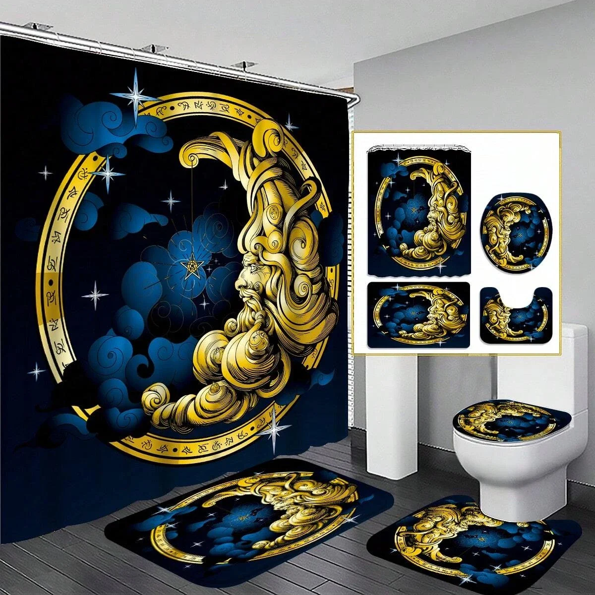 4pcs Moon Themed Bathroom Set, Waterproof Fabric Shower Curtain With 12 Hooks, Non-Slip Bathroom Mat, Bathroom Decor