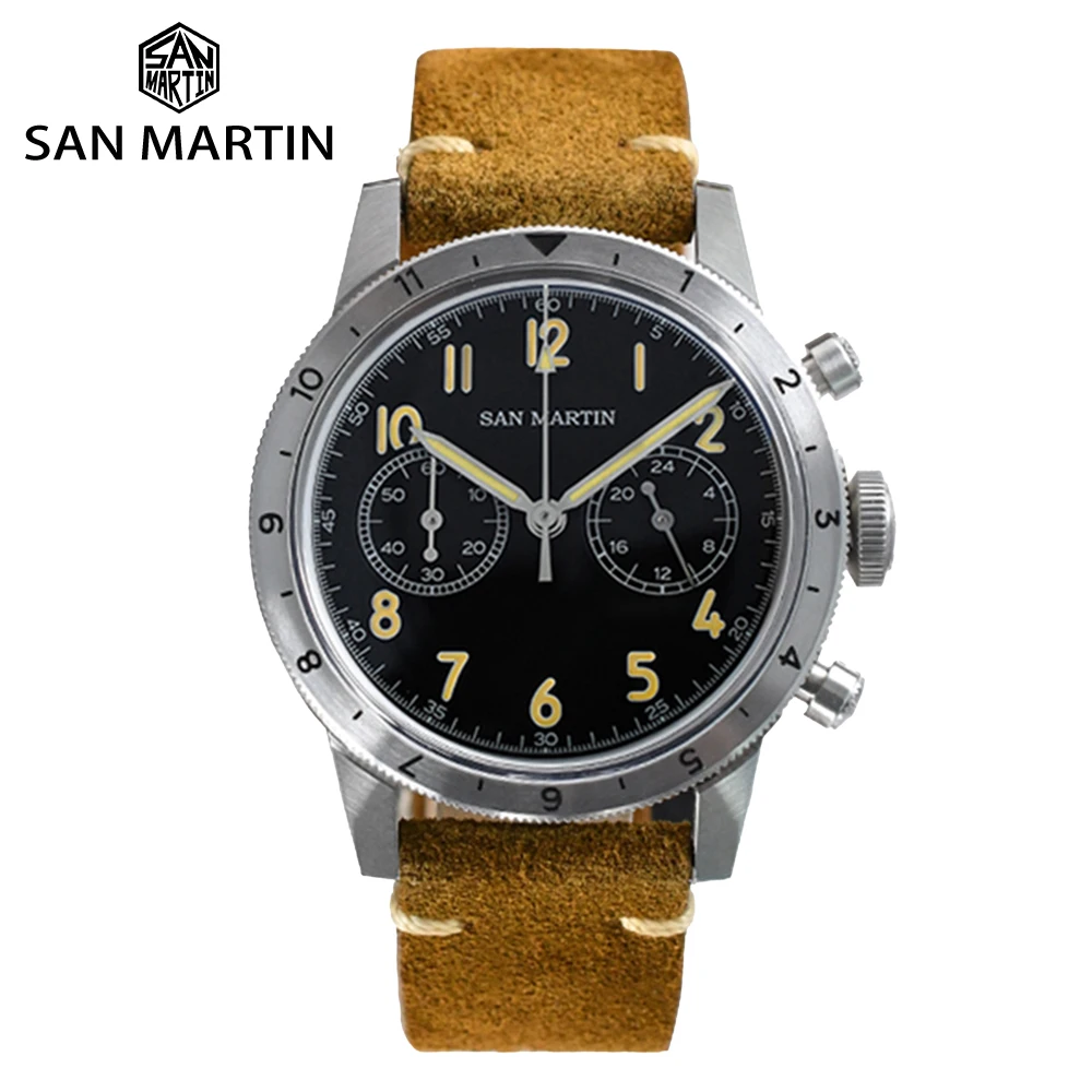 San Martin New Retro Pilot VK64 Chronograph Men\'s Quartz Watch Bidirectional Bezel Business Vintage Waterproof Luminous Clock