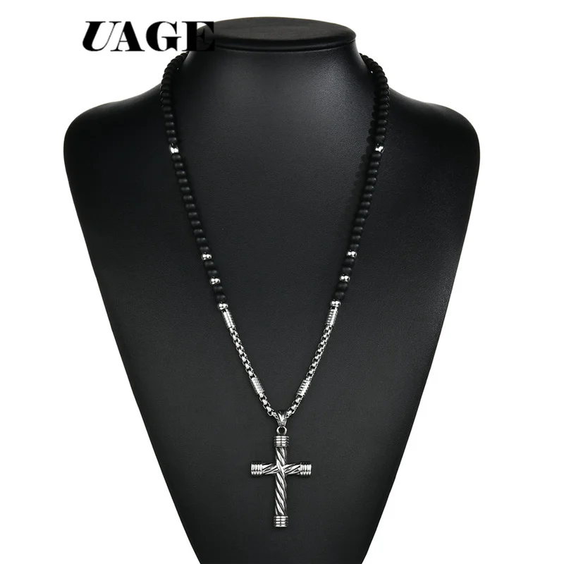 UAGE 2018 New  Cross Pendant Necklace For Men Women 316L Stainless Steel Rosary Beads Necklace Religious Jewelry