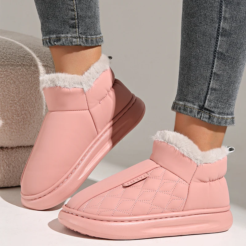 Bottes de rinçage courtes en peluche pour femmes, bottes de neige à plateforme optique douce, cuir PU simple, chaussures en coton, rose géométrique, chaud, hiver