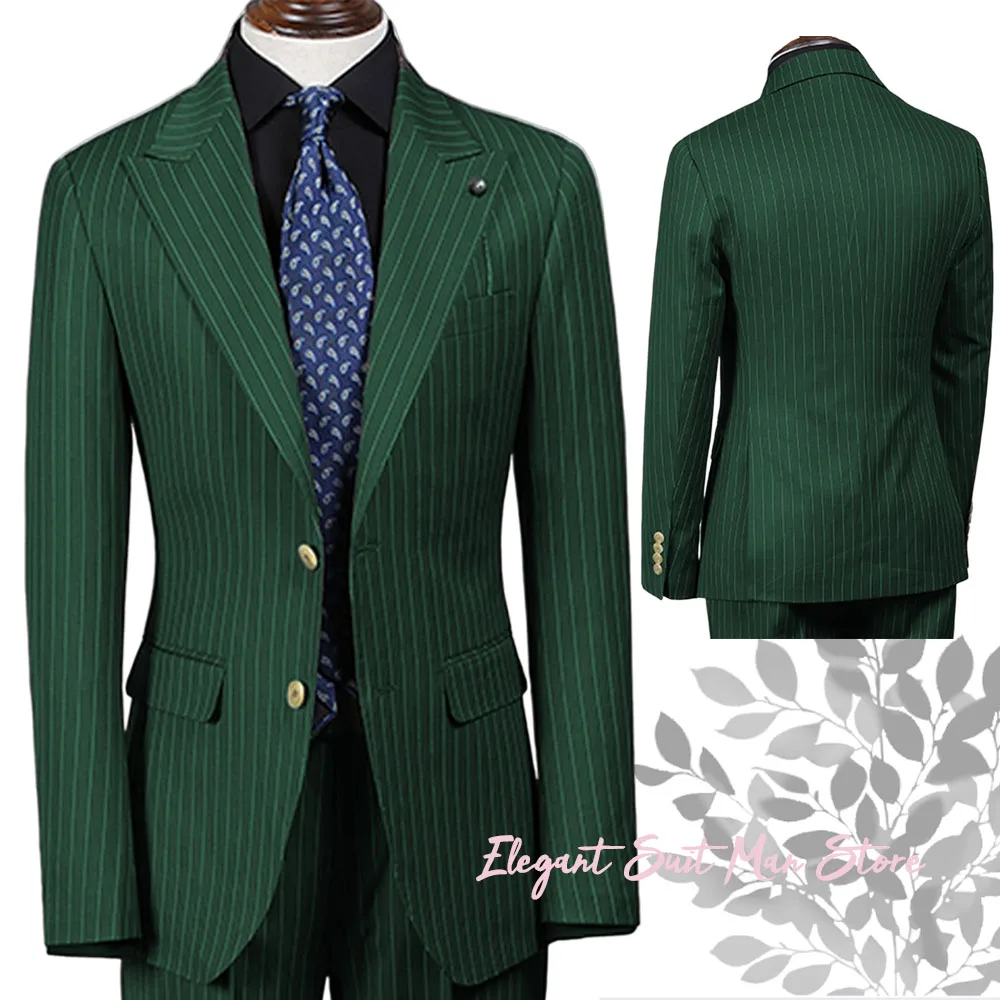 

Fashion Green striped men's suit 2-piece set (Jacket+Pants) Single breasted slim fit business suit jacket Man Office suit Pants