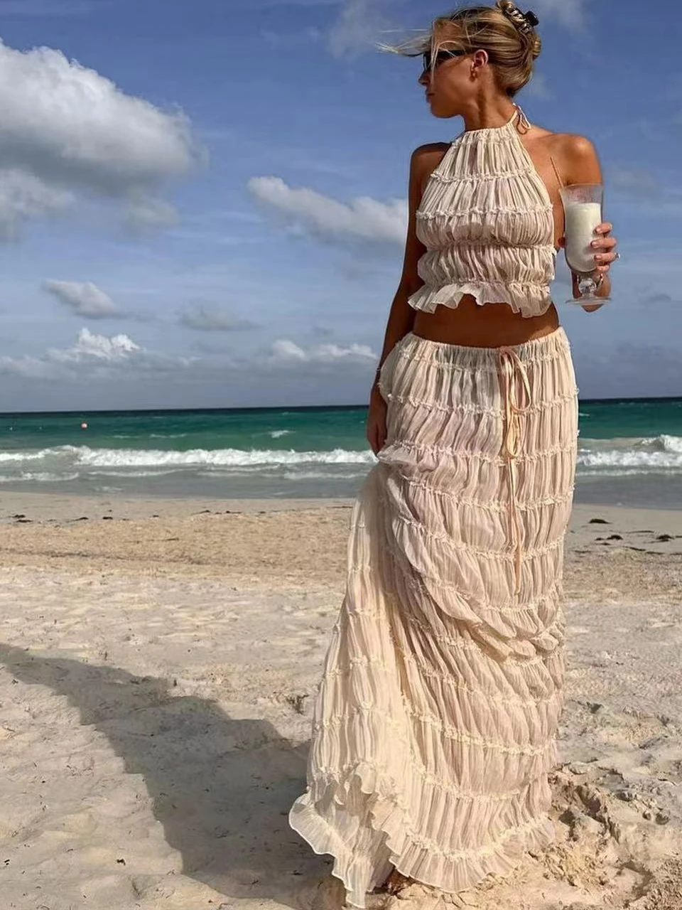 

Пляжная майка Vaion ort, длинная юбка, комплект из двух предметов, шифон, однотонный плиссированный висящий Ne Bal из полиэстера