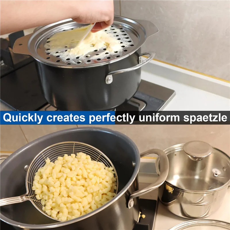 TFTP-2X Stainless Steel Spaetzle Maker Lid With Scraper Traditional German Egg Noodle Maker Pan Pot Spaghetti Strainer